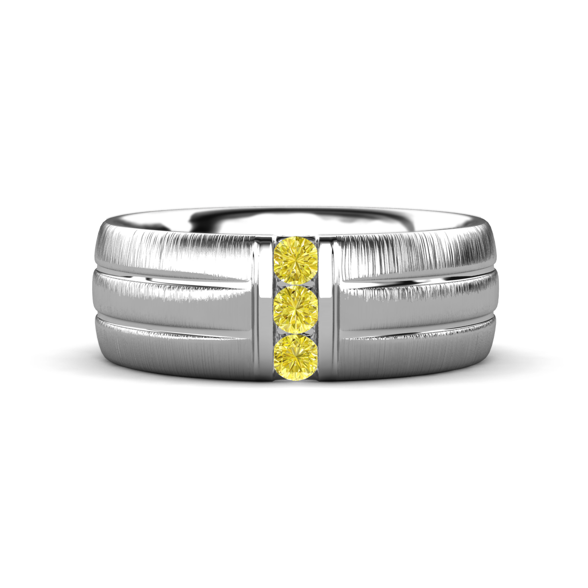 LeBron Round Yellow Diamond with Brushed and Polished Finish Three Stone Men's Wedding Band (8 mm) 